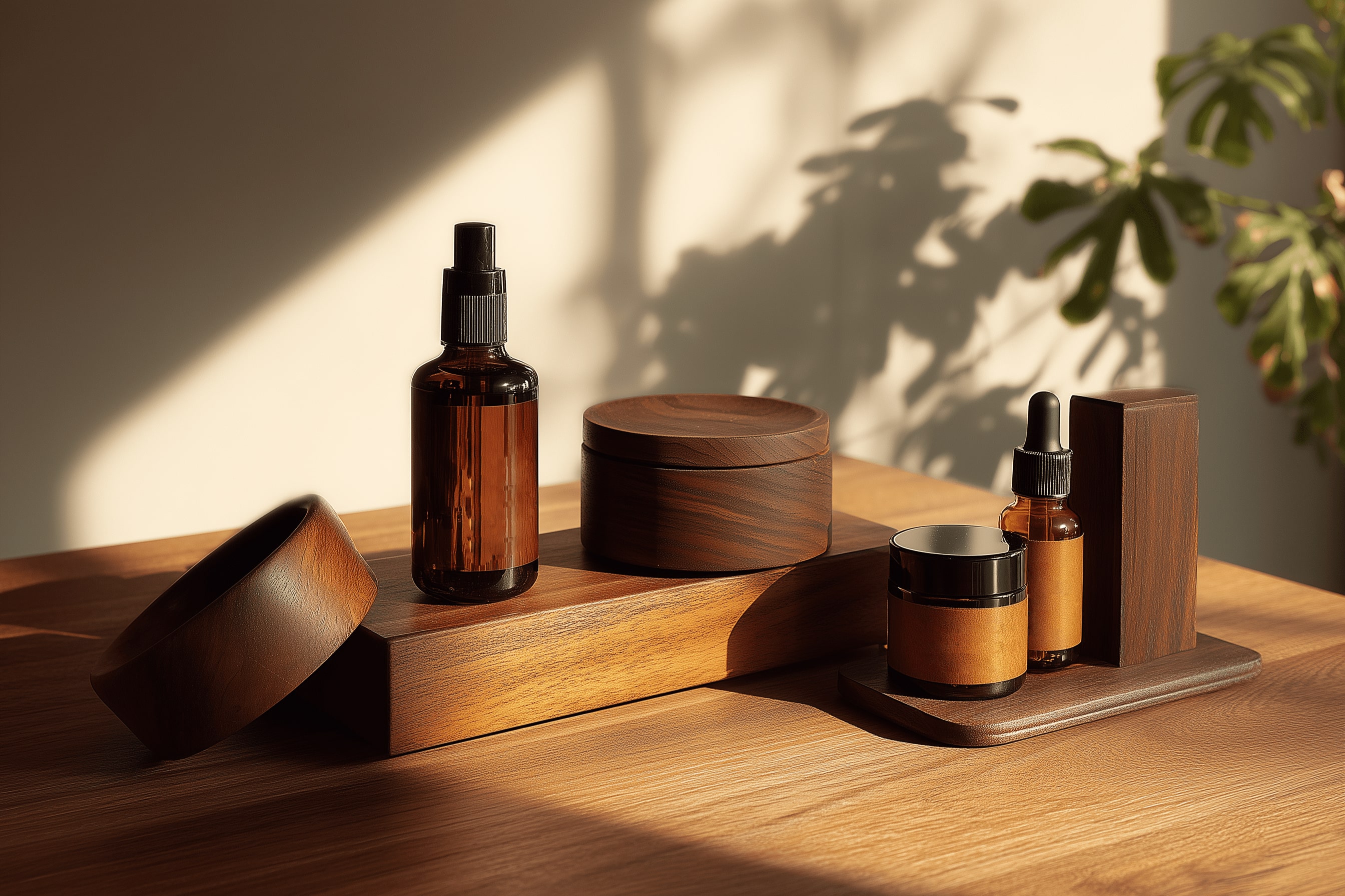 Bottles and skincare products on a table with brown tone