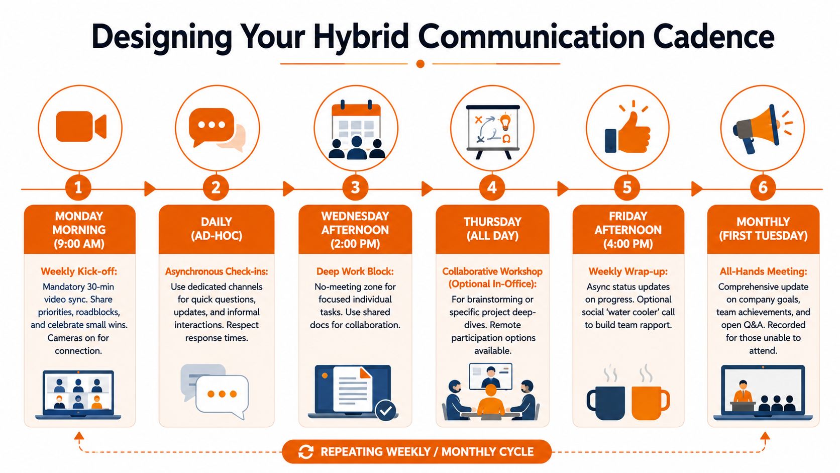 An infographic detailing a six-step hybrid communication schedule for teams with designated days and meeting types.