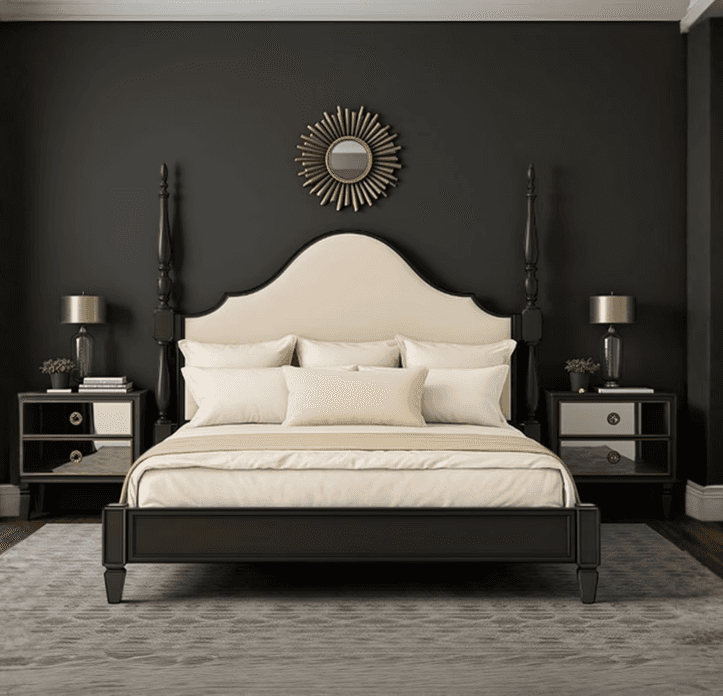 Luxury contemporary sofa with neutral fabric upholstery and exposed wooden frame