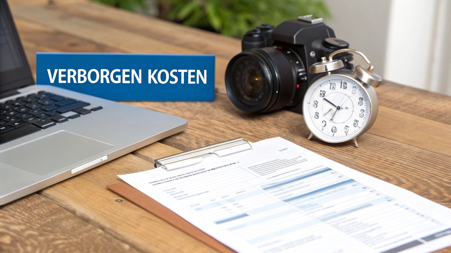 Een bureau met een laptop, camera, wekker en documenten, met een blauw bordje 'VERBORGEN KOSTEN'.