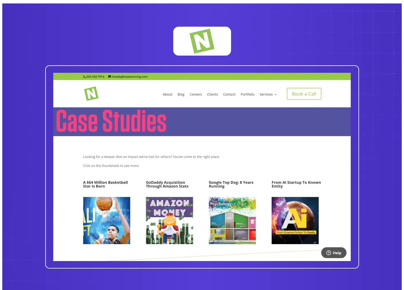 Case studies page highlighting marketing success stories, client growth results, and business transformation projects.