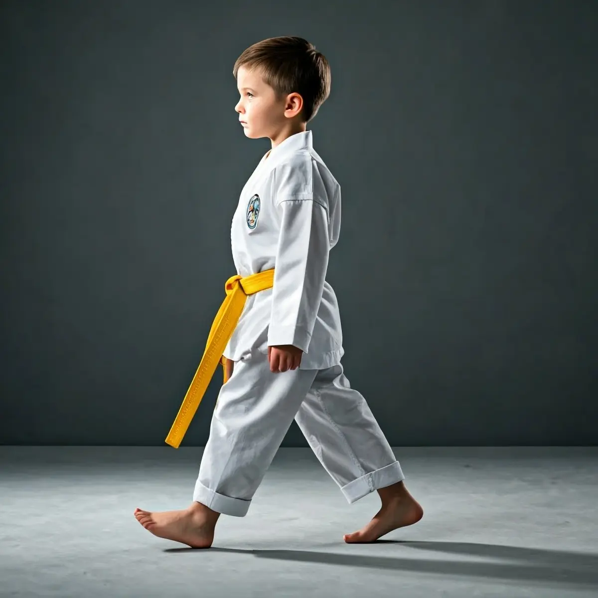 Young child wearing a Brazilian Jiu Jitsu gi and yellow belt during kids training