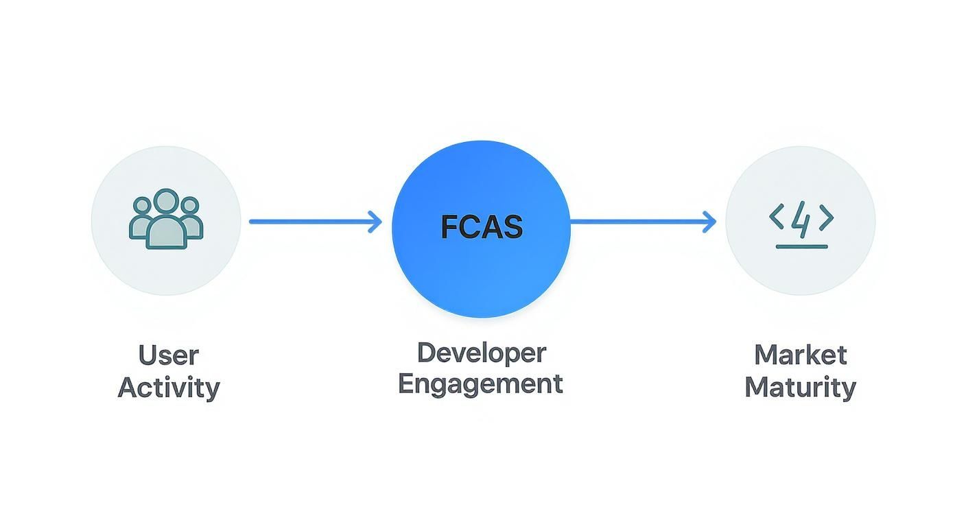 Flowchart illustrating how User Activity influences FCAS (Developer Engagement), subsequently affecting Market Maturity.
