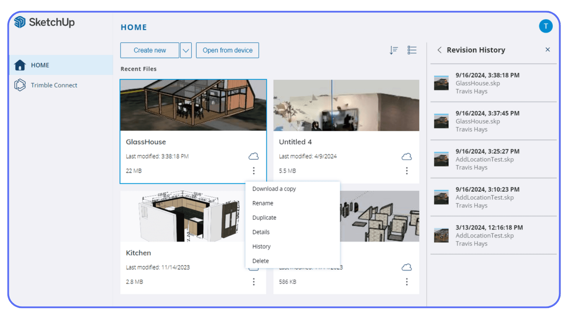 SketchUp Home screen showing recent models, cloud file management options, and revision history for selected projects.