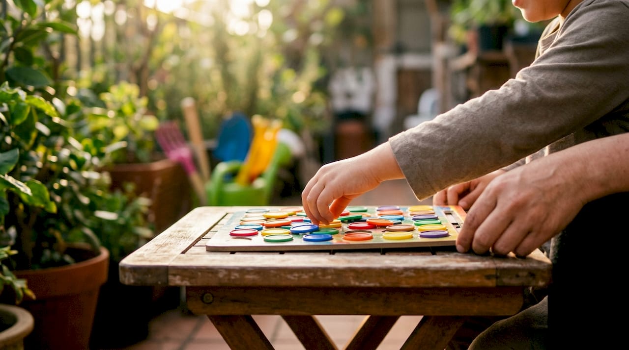 Child reaching for token board tokens