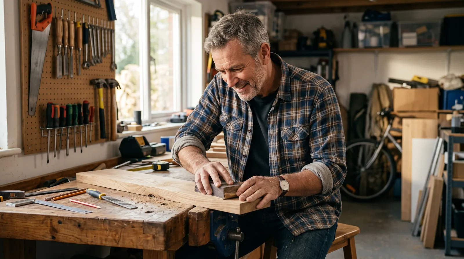 Man in his fifties working at a wooden workbench in his garage workshop