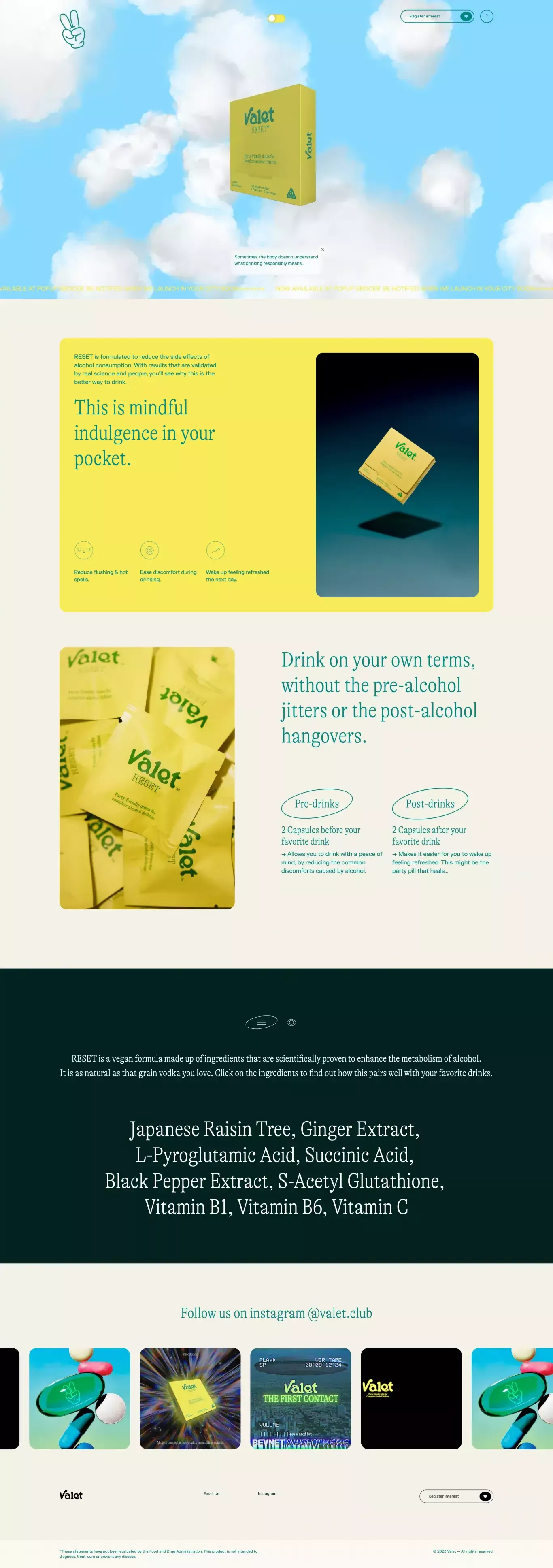 Valet: Mindful indulgence in your pocket landing page screenshot showcasing Medical and Food & Drinks design