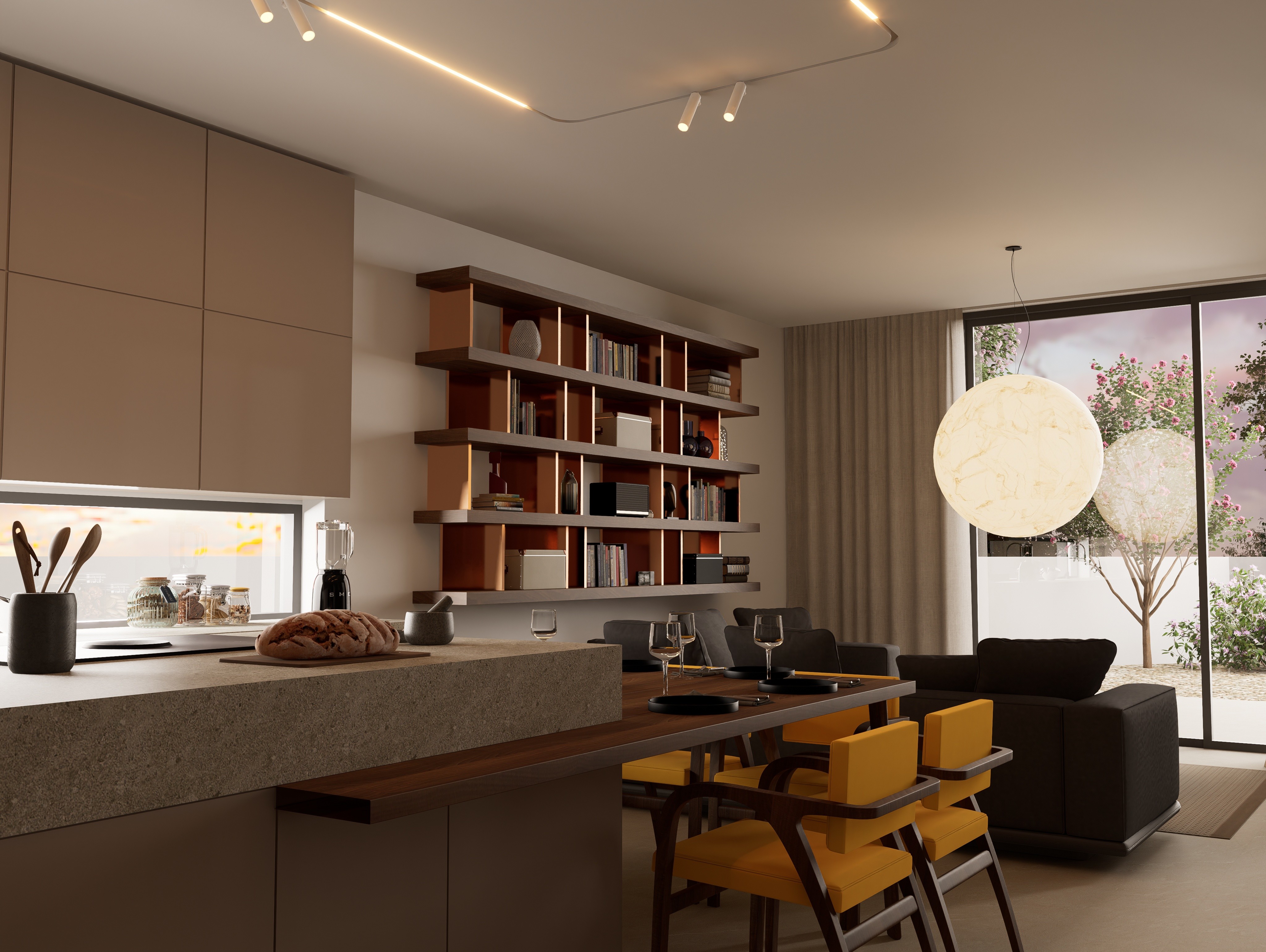 Open-plan living and kitchen area in Nicosia, showcasing the seamless transition from technical culinary spaces to a warm, lived-in everyday room with custom-authored timber accents by topos design studio