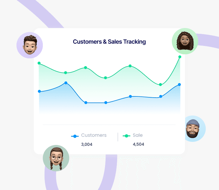ERP customer and sales tracking illustration showing customer engagement, sales analytics, and business performance insights.