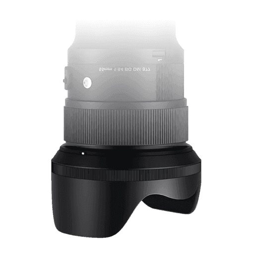 A professional black camera lens with a petal-shaped lens hood attached.
