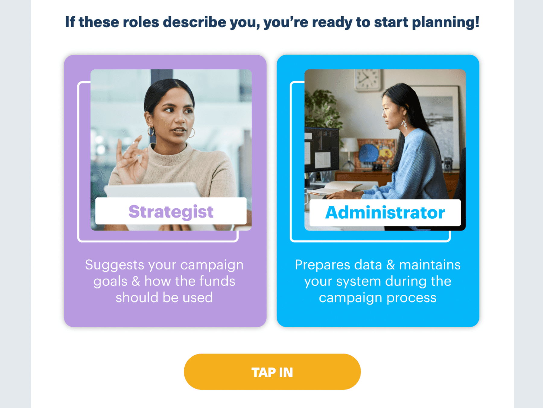 A section of an email, with an example of the role cards for Strategist and Administrator.