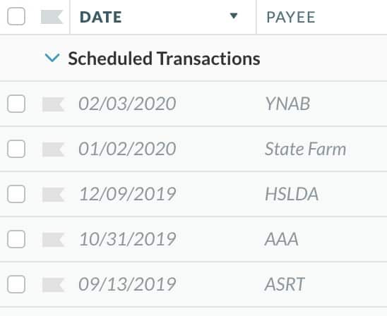 Screenshot of YNAB's Scheduled Transactions section