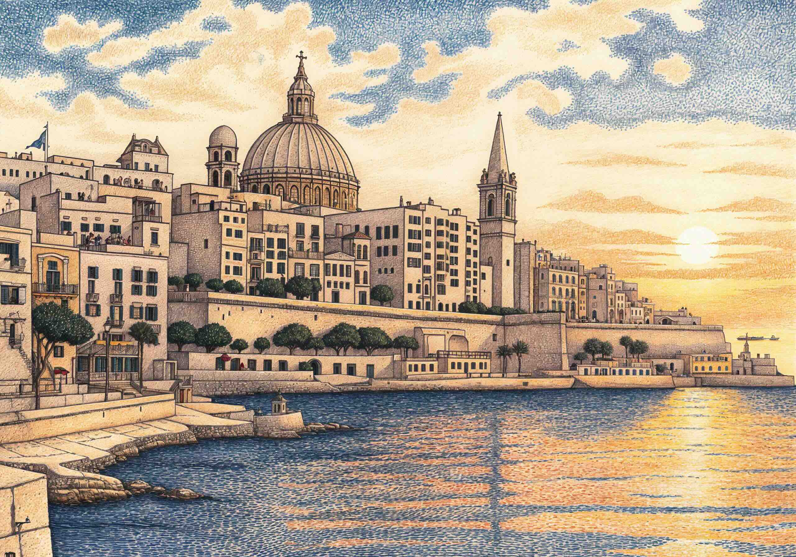 Detailed illustration of Valletta, Malta, at sunset, featuring historic limestone buildings, a grand domed church, and a waterfront reflecting golden hues from the setting sun.