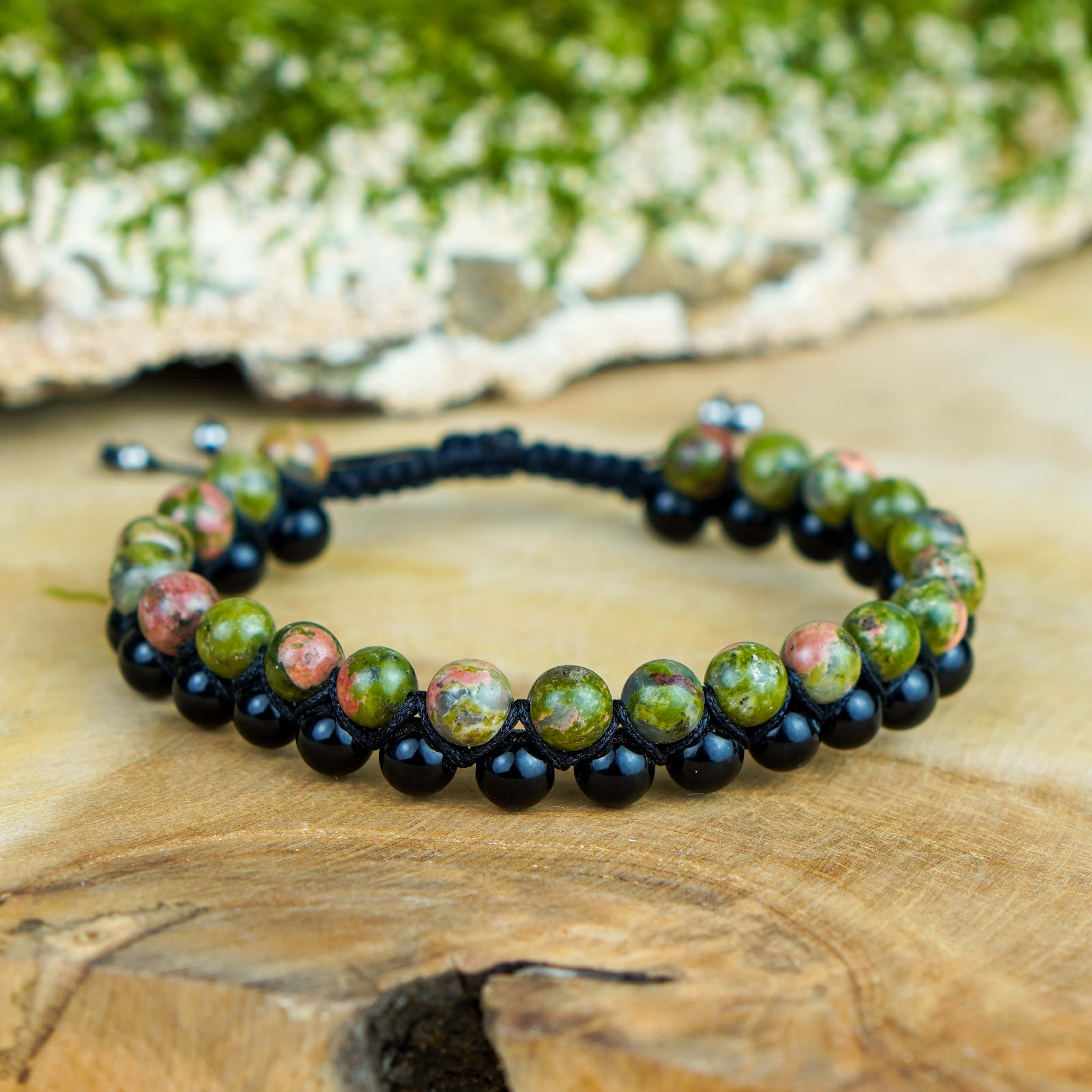 Dwurzędowa bransoletka pleciona z unakitu i onyksu ręcznie wykonana biżuteria unisex