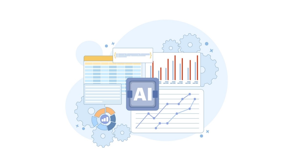 Illustration of an AI icon surrounded by charts, graphs, spreadsheets, and gears—symbolizing how data pipelines automate the flow of information using AI tools for analysis, transformation, and business intelligence.