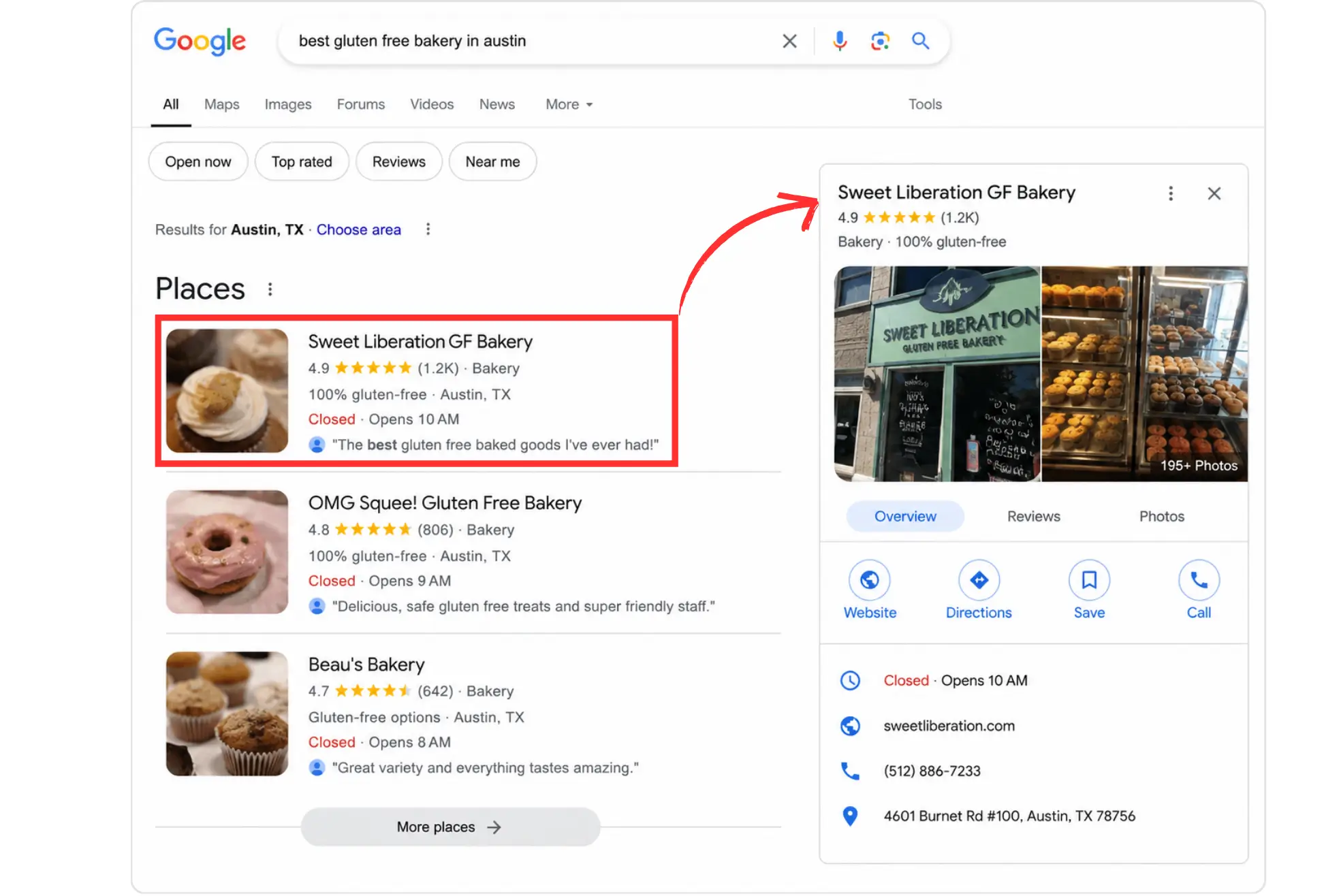Local pack search results for a bakery showcasing how GBP data feeds into AI Overviews