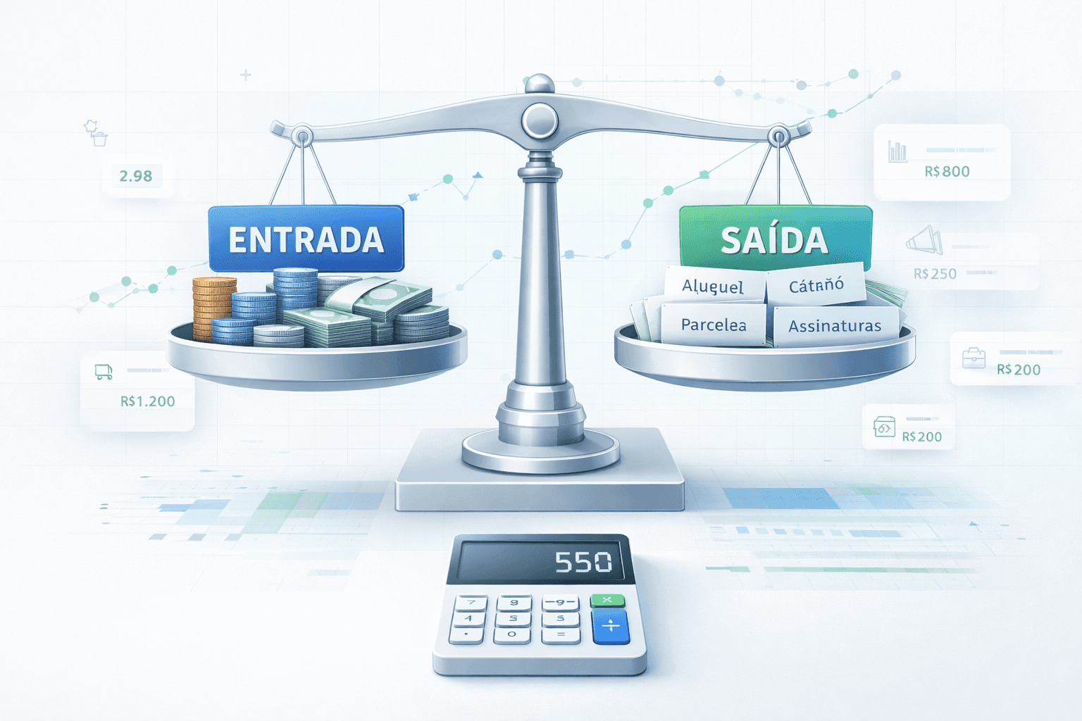 Imagem mostra calculadora na frente de balança com os nomes entrada e saída