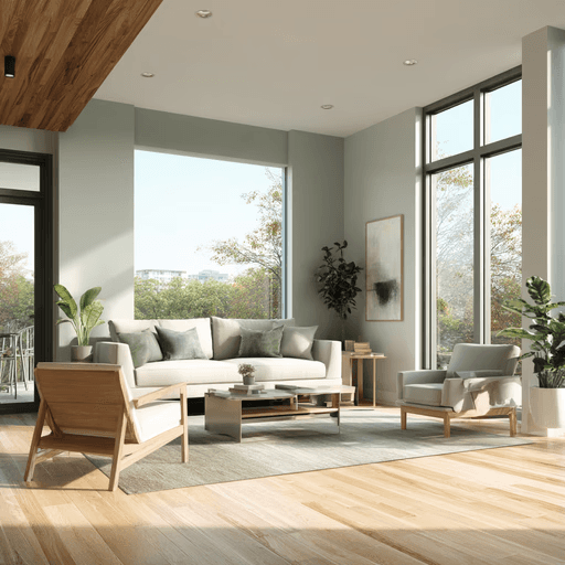 Modern living room with large windows, light wood flooring, gray sofa and chairs, and green plants. Bright, airy atmosphere with natural light.