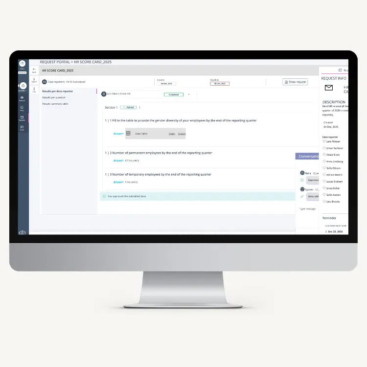 ESG data collection interface in SustainLab supporting manual input, file uploads and reporter network