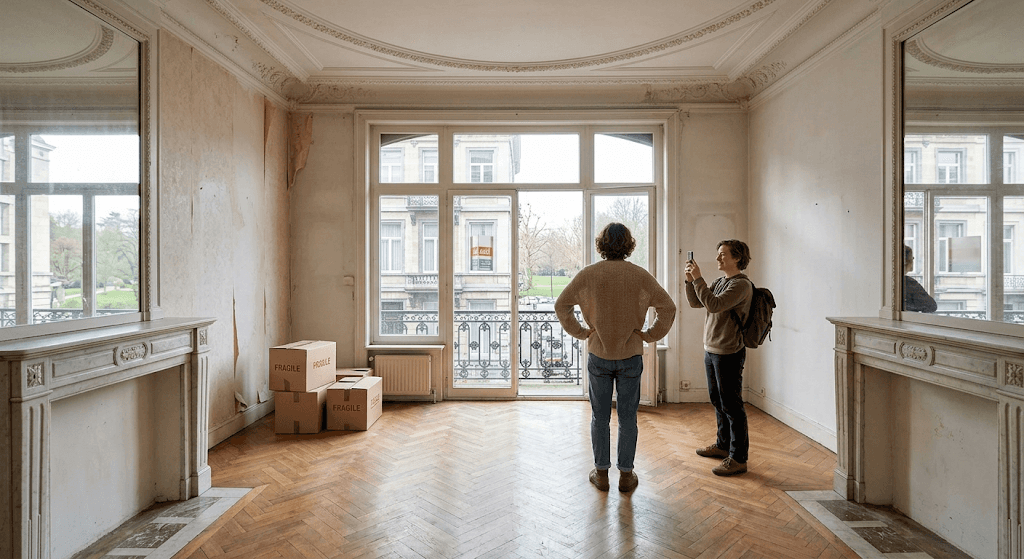 Nouveaux propriétaires découvrant leur appartement avant rénovation.