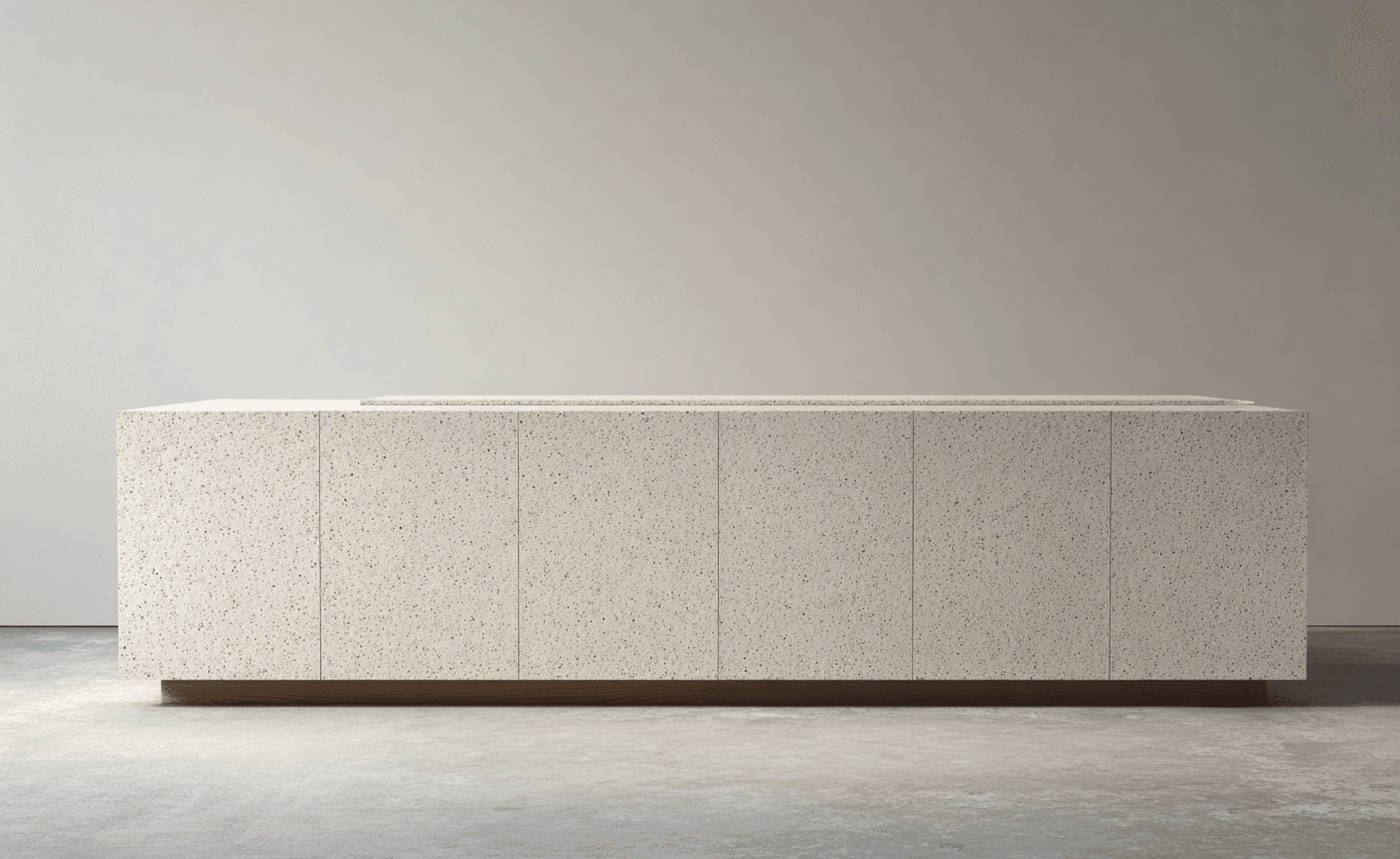 Minimalist terrazzo counter with a wooden base, perfect for modern interiors. Neutral tones and clean lines create a sleek, elegant look.
