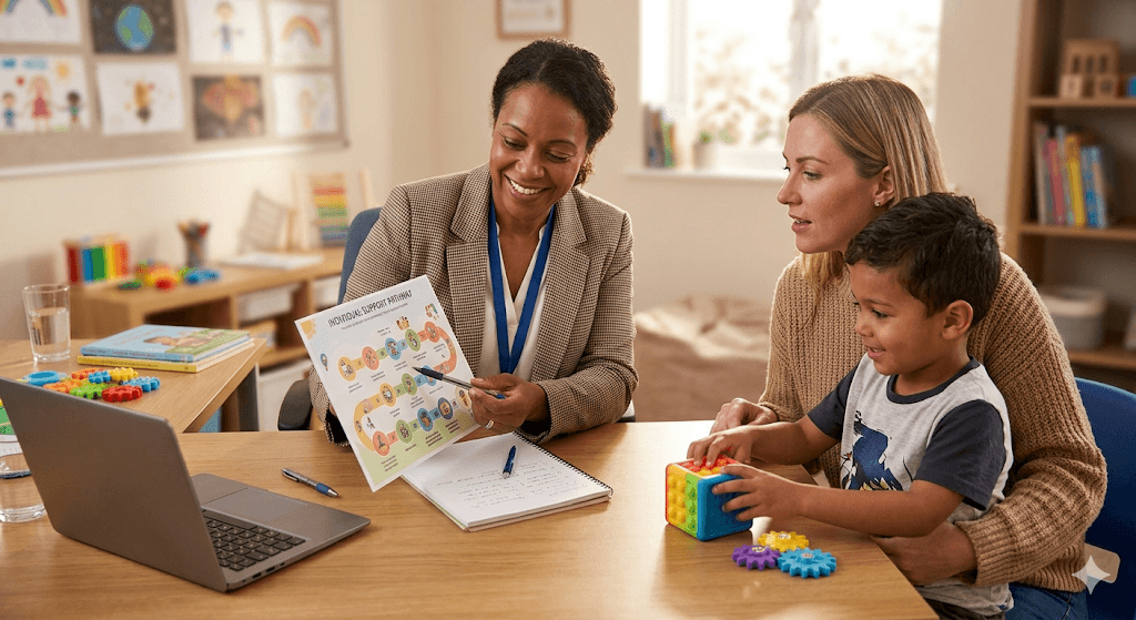 A warm, professional setting showing a parent, a child, and a healthcare specialist sitting together at a desk. The specialist is smiling and pointing to a colorful chart, while the child plays happily with a toy. The atmosphere is collaborative, supportive, and informative.