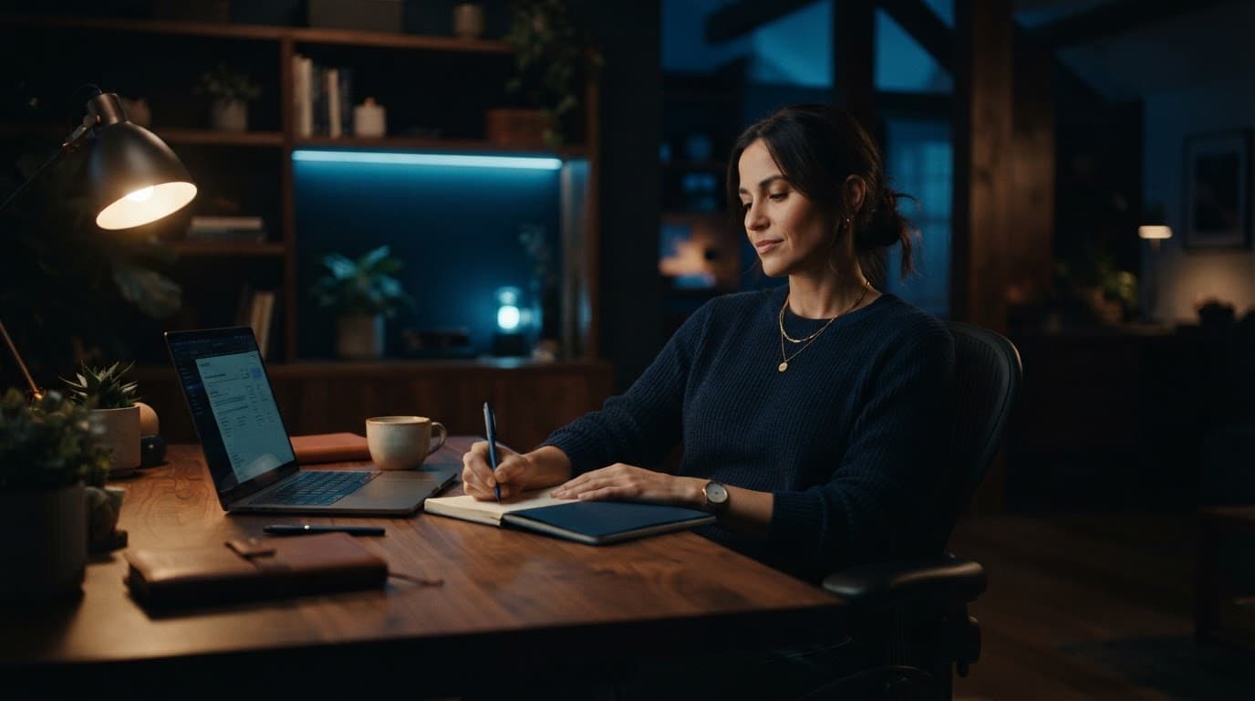 A business owner works with a laptop and notebook under blue accent lighting.