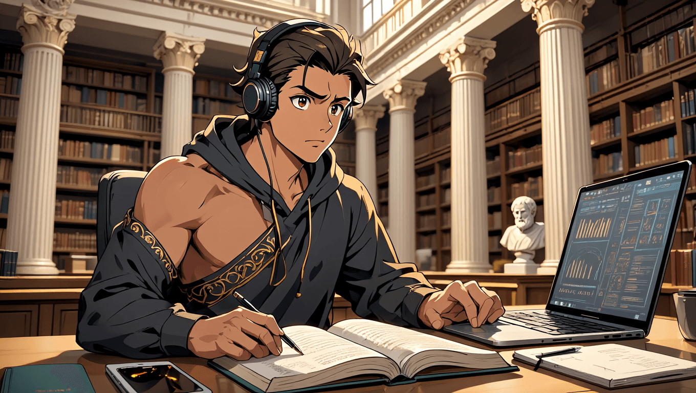 Smiling student studying law with a laptop and books