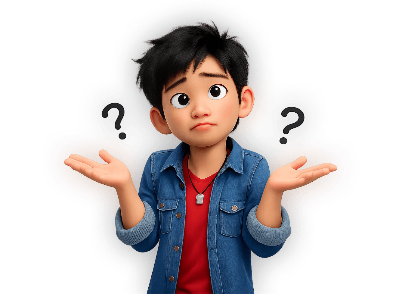 A stylized 3D cartoon child with short black hair and large expressive eyes shrugs with both palms up, wearing a red T-shirt and blue denim jacket, with faint question marks in the background suggesting confusion or uncertainty