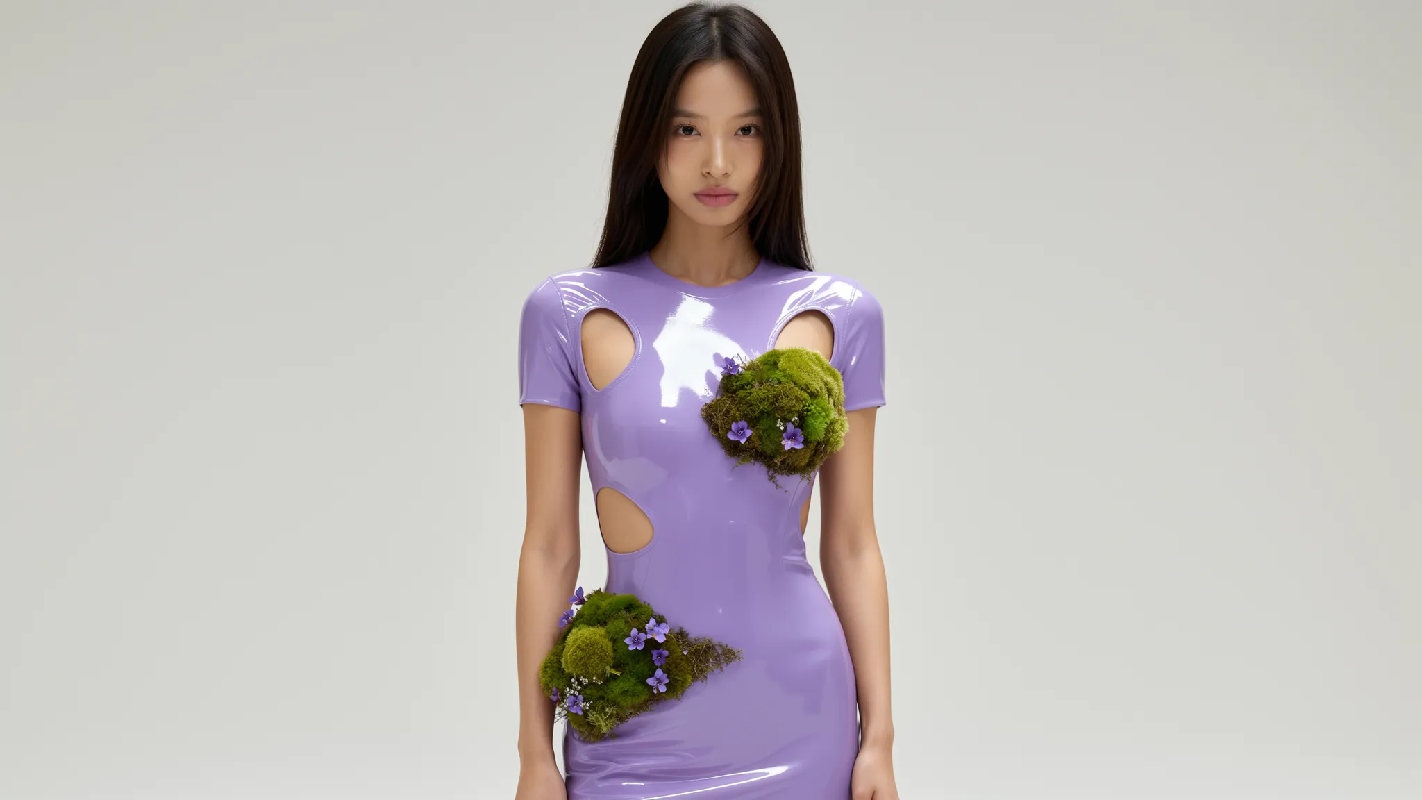 Weibliches KI-Model in einem futuristischen lilafarbenen Cut-out-Kleid mit Moos- und Blumenapplikationen – hochwertiger AI-Fashion-Content für avantgardistische Modekampagnen, Editorials und kreative Designprojekte.