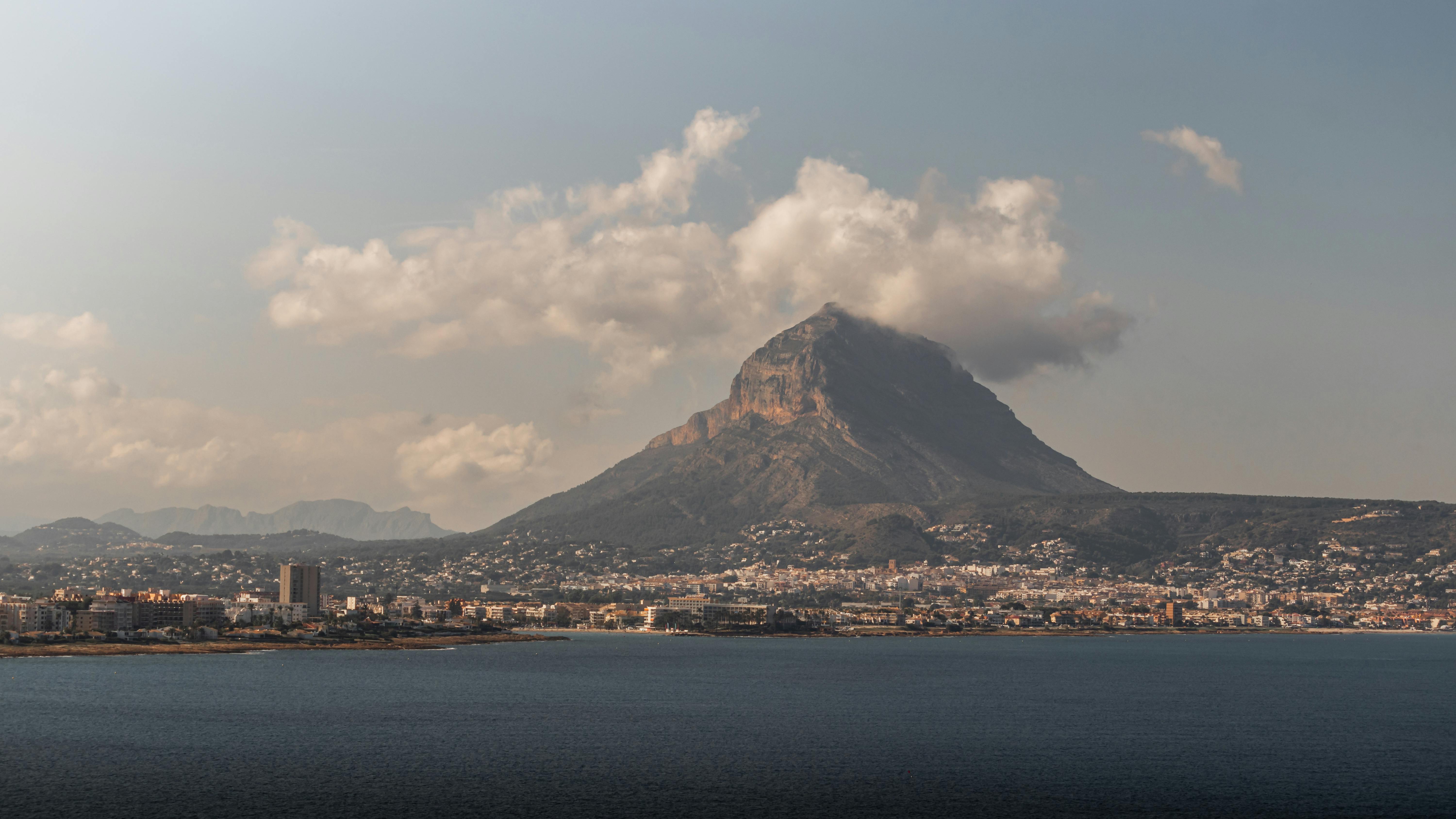 View of Montgó Mountain overlooking the coastal town of Jávea, Spain