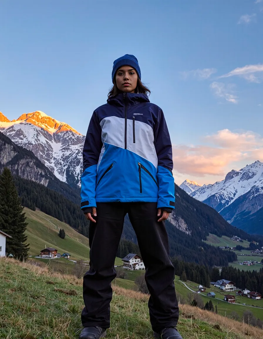 Person in blue and navy performance jacket and beanie stands on mountainside with snow-capped alpine peaks glowing at sunset