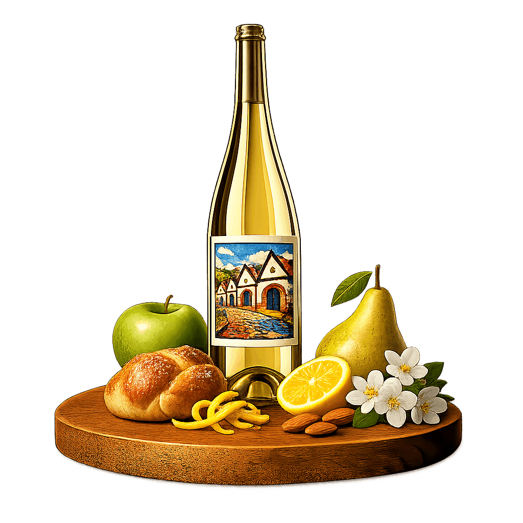 Artistic label and flavor profile for Czech Sparkling Wine on a rustic wooden table.