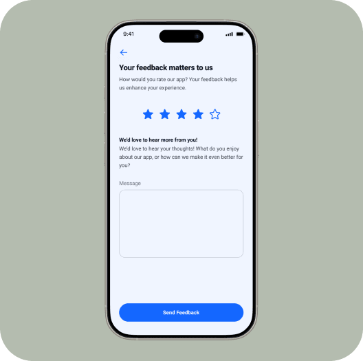 HERO app feedback form with star rating and text field.
