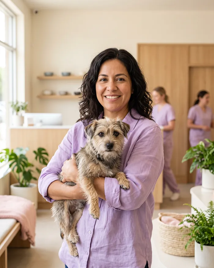 Mia Torres, founder, holding a small terrier