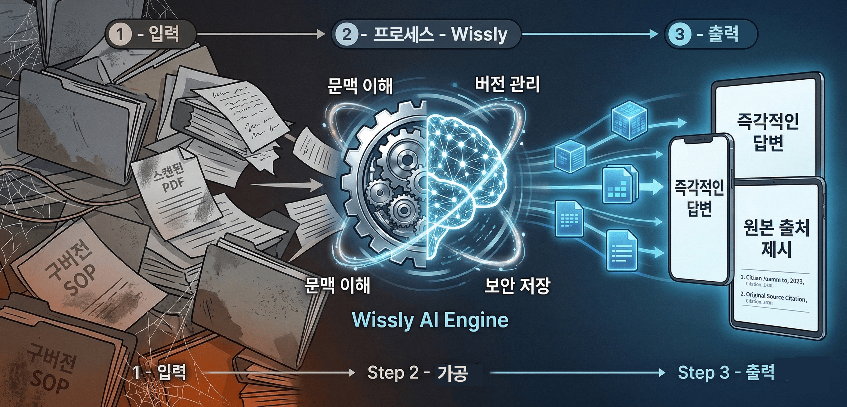 컨셉: 흩어진 사내 데이터(PDF, 스캔본 등)가 위슬리(Wissly)라는 필터를 거쳐 '정확한 답변'과 '원본 근거'로 출력되는 깔끔한 기술 개념도.