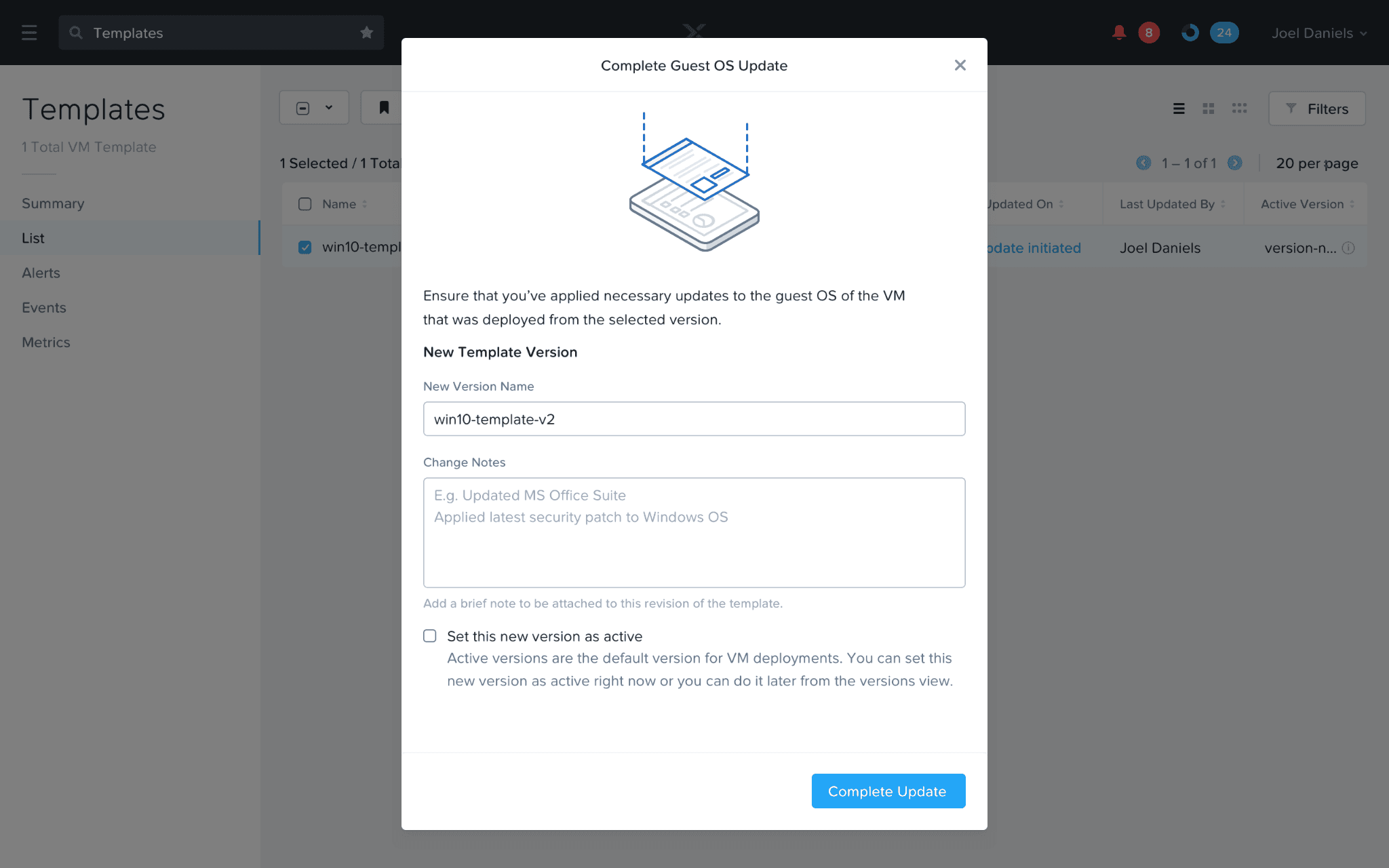 VM Templates UX showing conclusion of guest OS update workflow