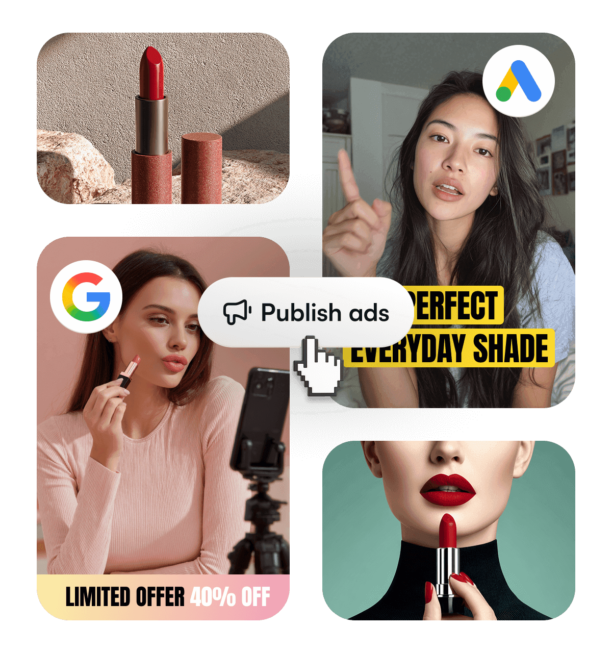 Collage of four video ad frames for lipstick, showing a "Publish ads" button ready for direct export to Google Ads Manager.