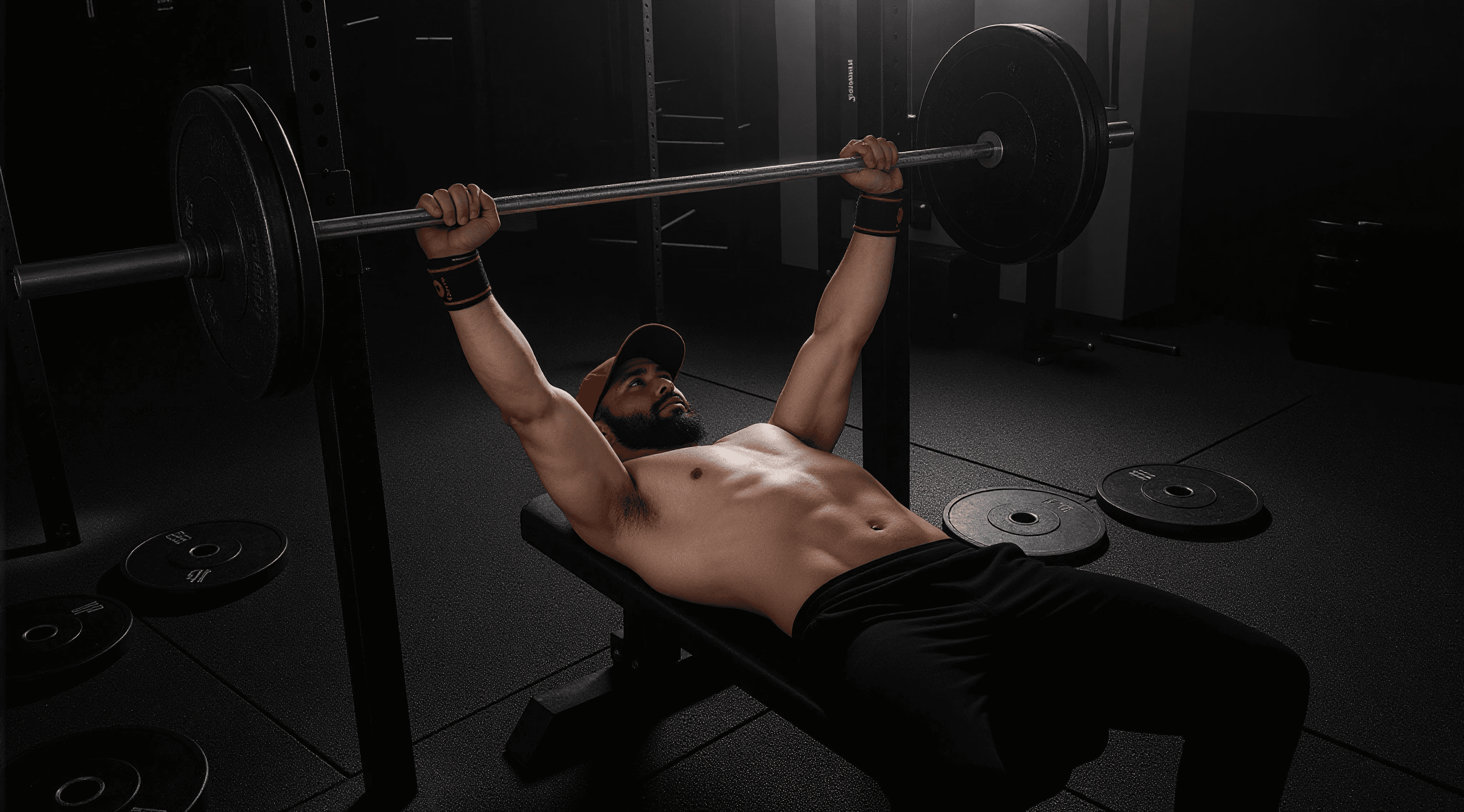 A dimly lit, industrial gym interior with exercise equipment casting shadows on the floor.