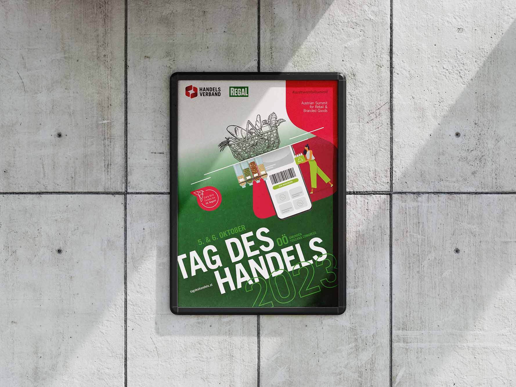 Posterdesign Tag des Handels auf einer Betonwand. Entwicklung einer visuellen Kampagnenlinie zur Bewerbung zentraler Branchenformate und Initiativen