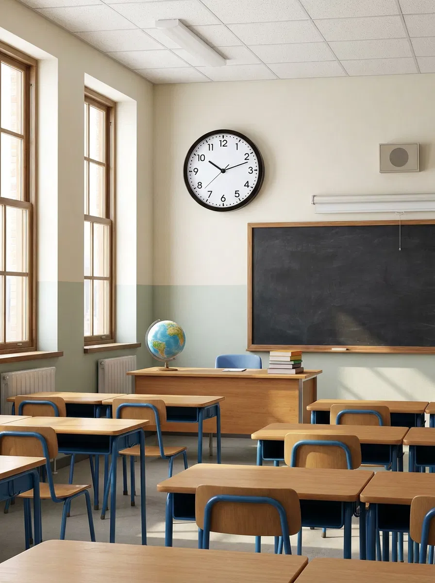 New York City public school classroom interior featuring an analog wall clock