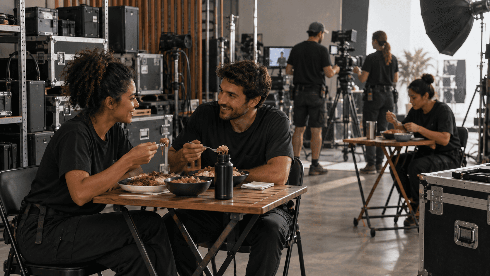 refeição de equipe de filmagem em ondas