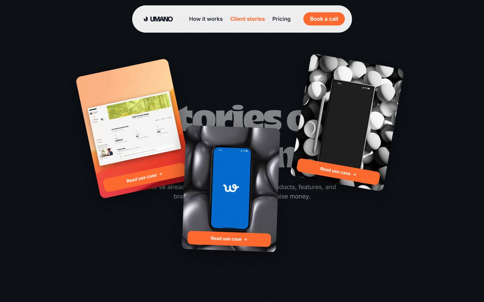Three angled screens showing app interfaces, each on a unique background. Buttons read "Read use case". Text: "Umano".