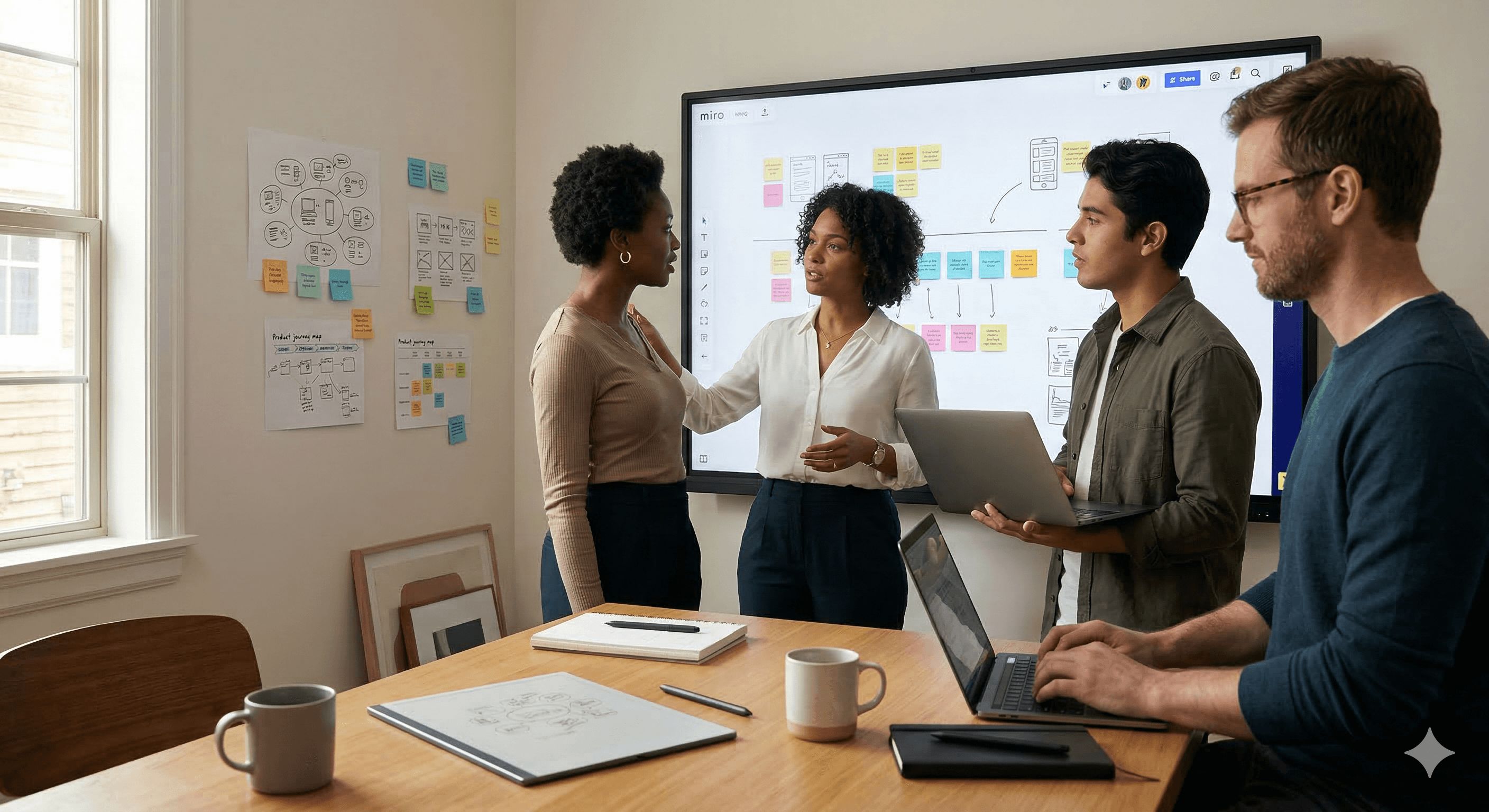 Four individuals collaborate in a modern office space, utilizing a large digital whiteboard displaying a complex diagram of sticky notes and flowcharts, representing "Product Innovation Tools: Miro + reMarkable Workflow (2026)," with laptops and tablets visible on a wooden table in the foreground.