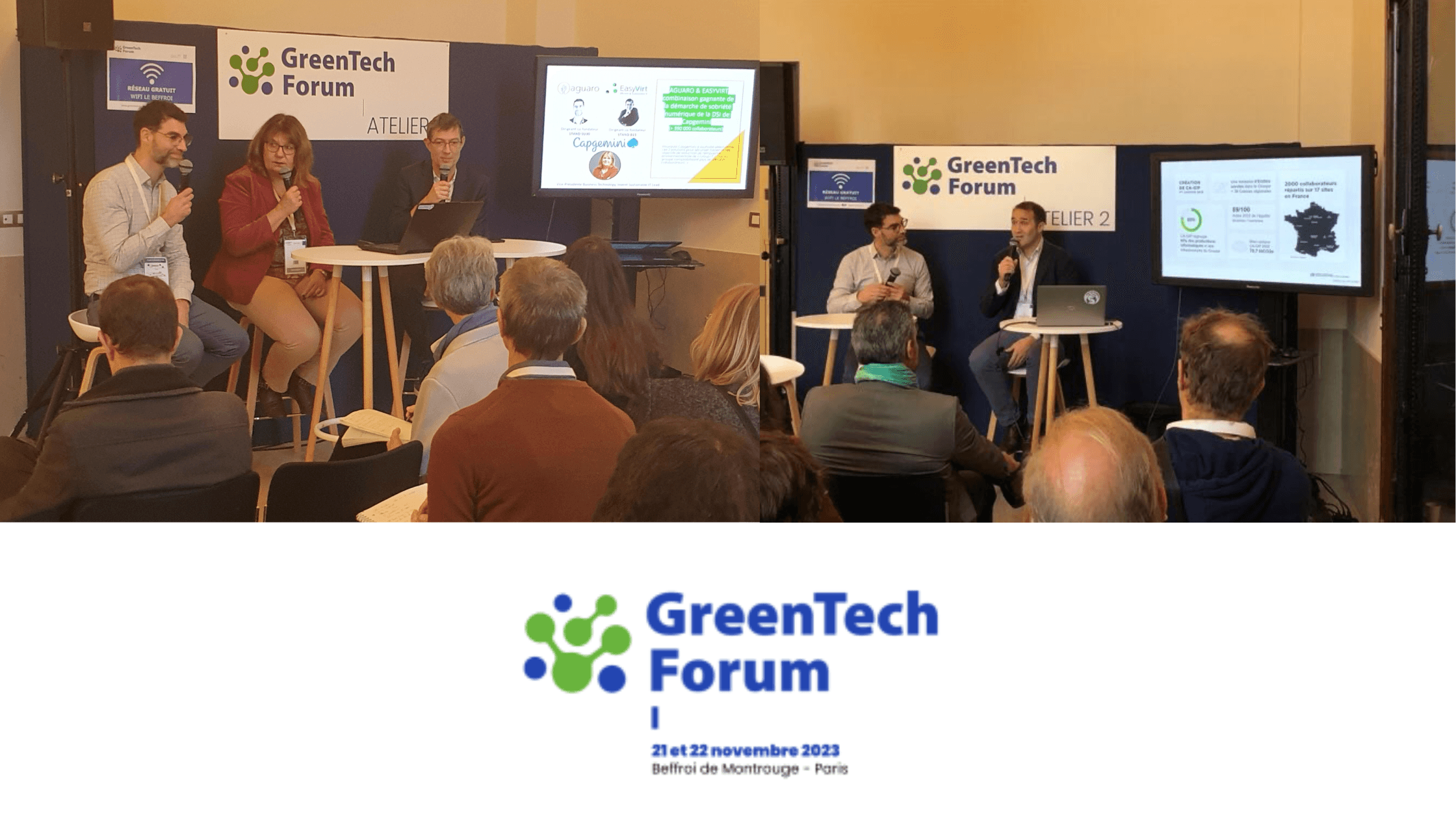 Discussions en panel au GreenTech Forum 2023 à Paris, avec des intervenants d'Aguaro, EasyVirt et Capgemini présentant à un public.