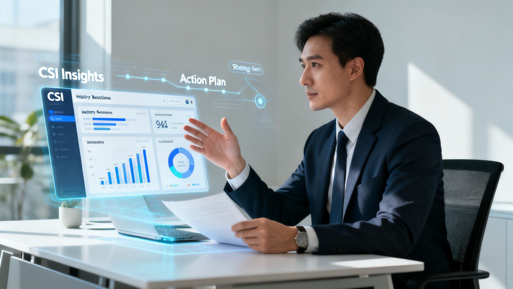 A professional man in a suit interacting with a digital holographic dashboard displaying data analytics and business insights.