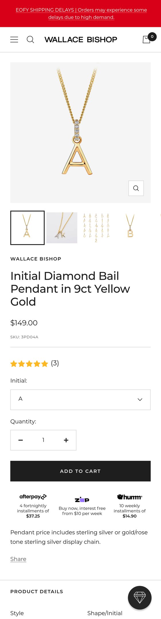 Jewelry product options include: pendant for Initial Diamond Bail Pendant in 9ct Yellow Gold from Wallace Bishop.