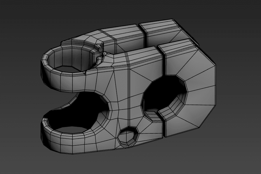 Low-poly wireframe of a compact mechanical bracket with circular openings.
