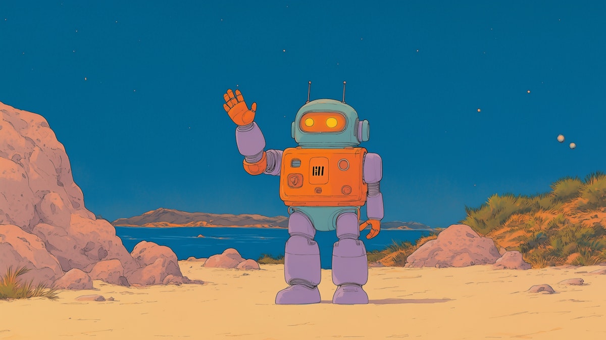 Friendly robot on the beach by Pablo Stanley of lummi.ai