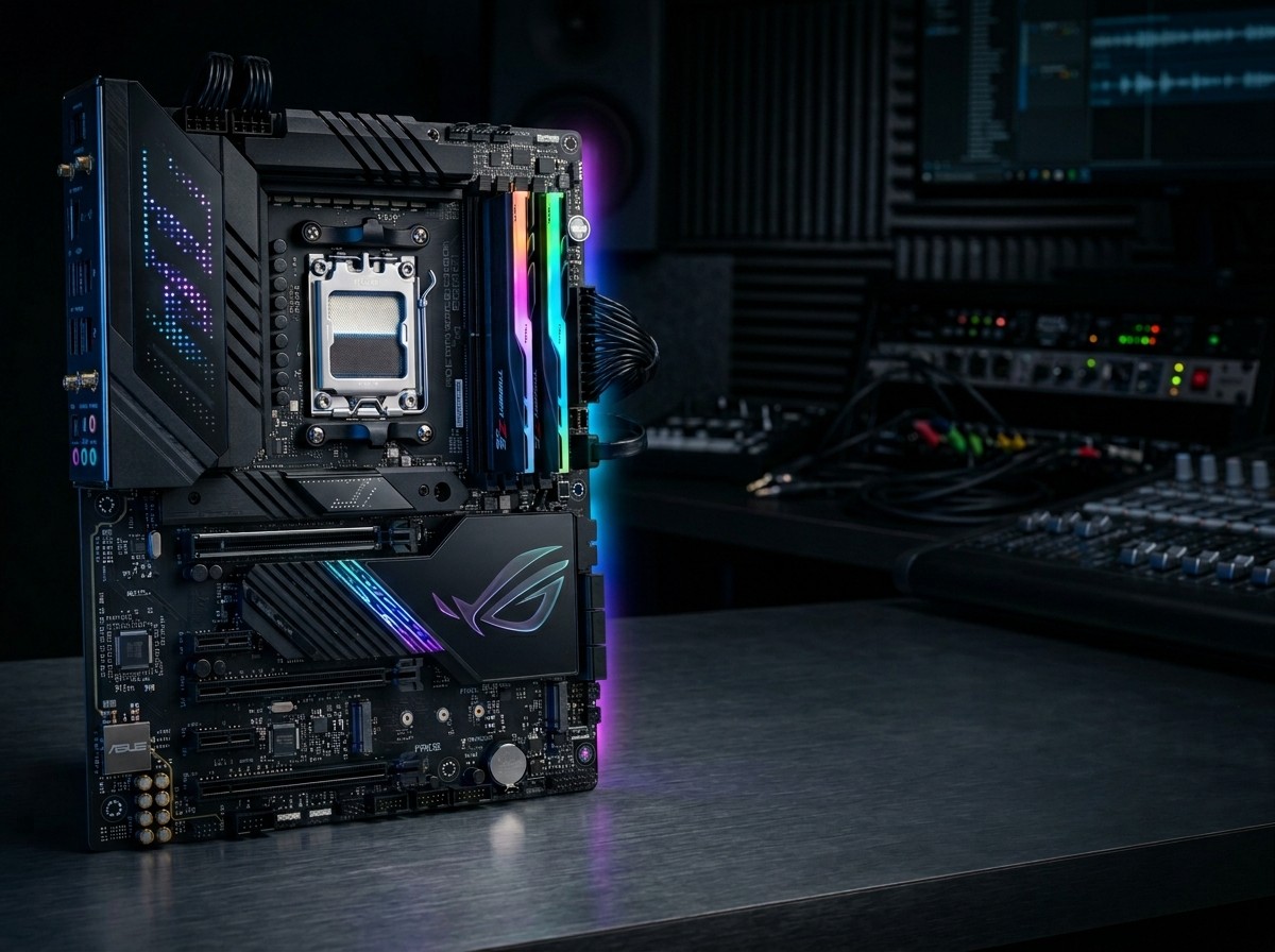 Three people in trench coats walk past a neon storefront.